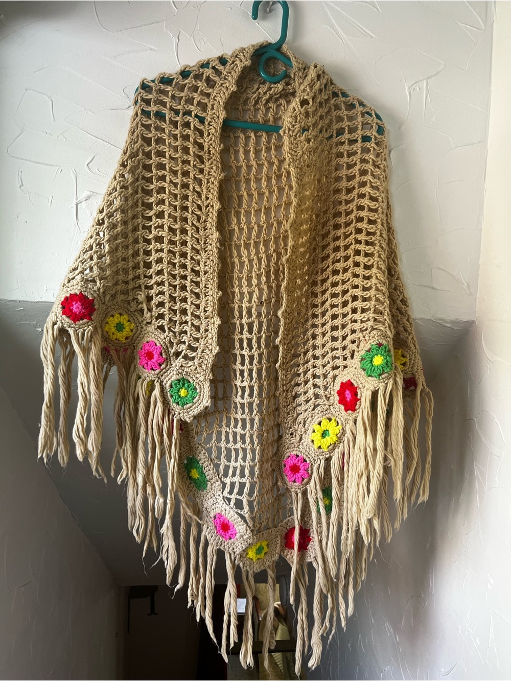 Boho Crochet Fringe Shawl with Floral Accents - Beige